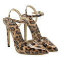 Light brown leopard print stiletto high heels with pointed toe, shallow mouth cut and buckle fastening, sizes 35-42