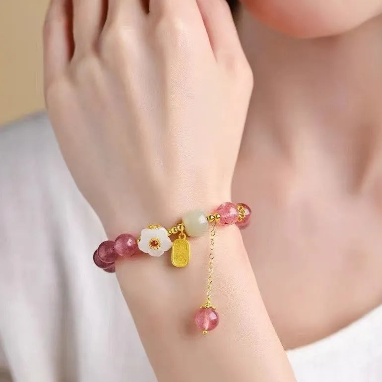 Handmade strawberry quartz crystal bracelet with Hetian jade peach blossom decoration and various charm styles