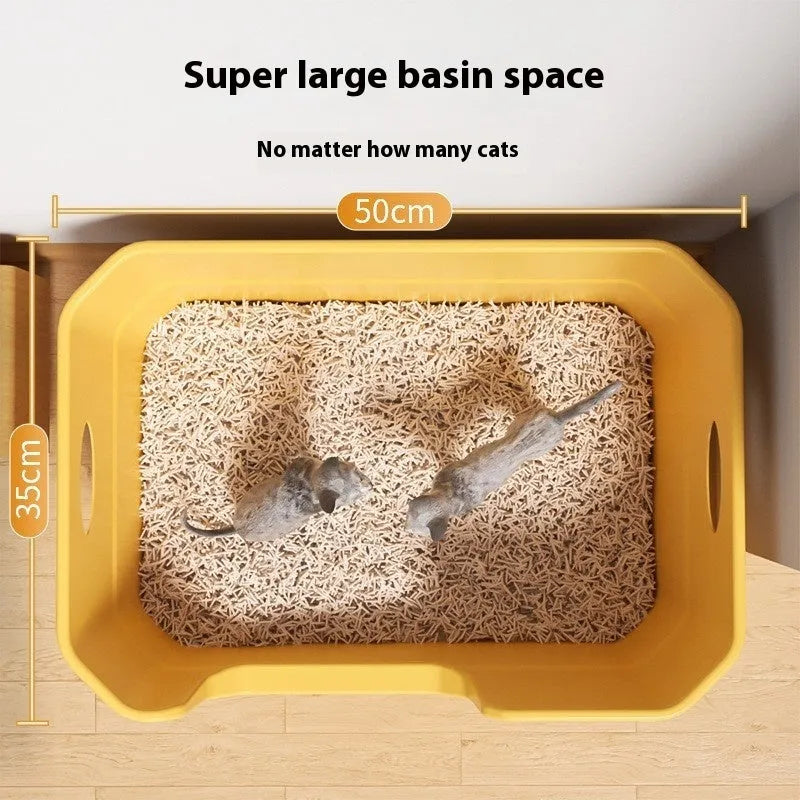 Oversized open semi-closed cat litter box in assorted colours on a white background.