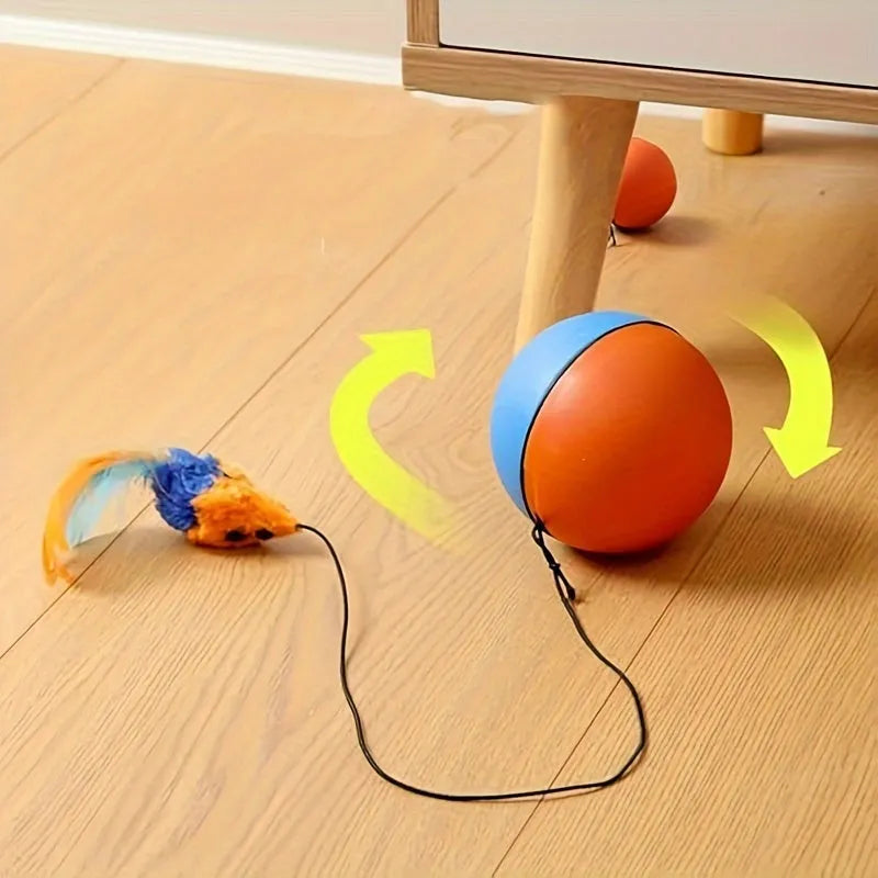 Interactive grey and orange cat toy with plush mouse and ball measuring 8.5 cm