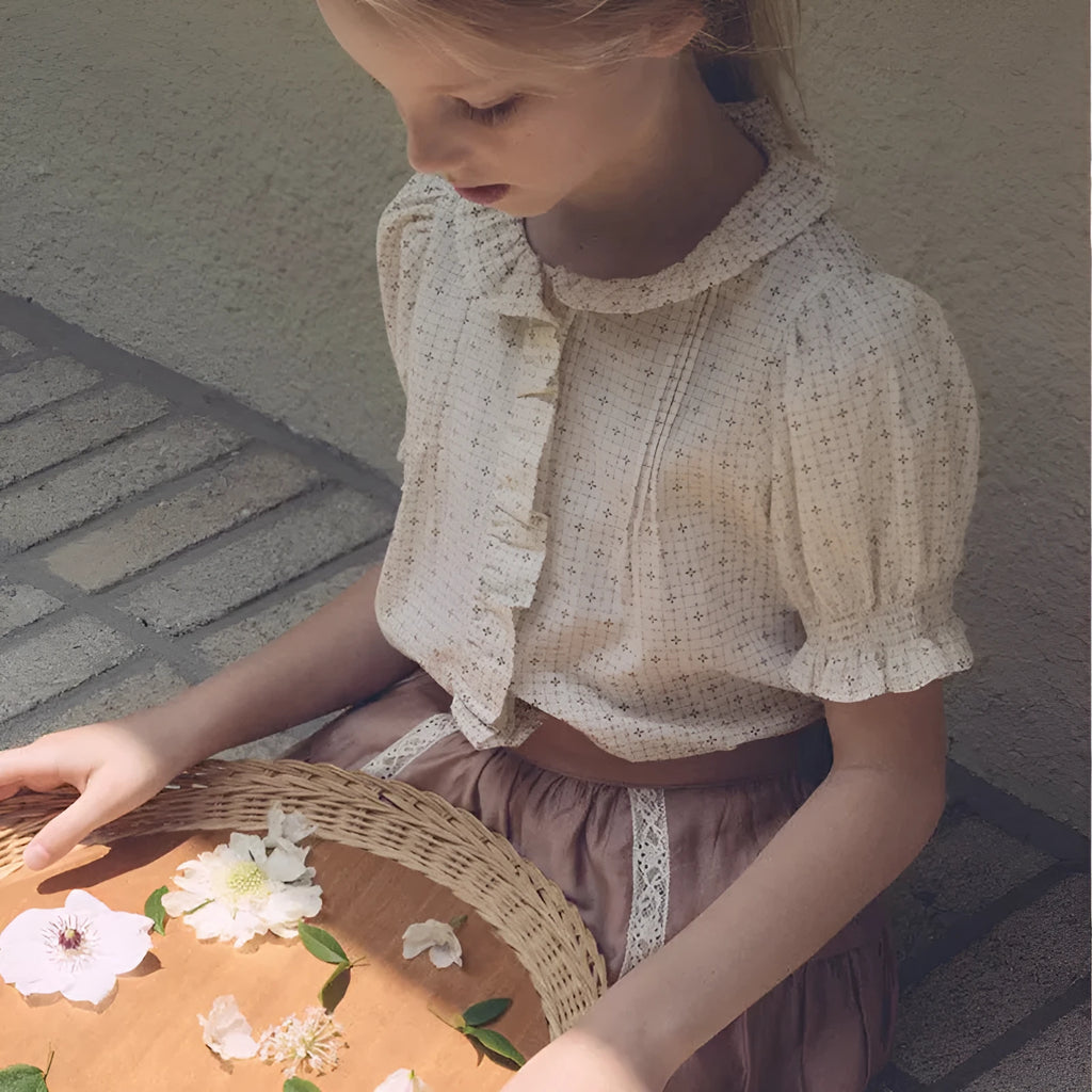 Girls' cotton printed shirt suit with Cross Star top and orange skirt on child model