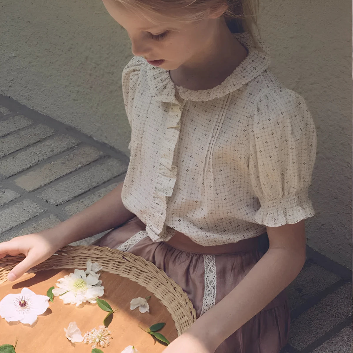Girls' cotton printed shirt suit with Cross Star top and orange skirt on child model