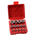 Red box containing a 14-piece set of chrome vanadium steel E-type sockets for auto and mechanical repair