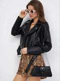 Black retro locomotive style women's jacket in PU imitation leather with regular sleeves