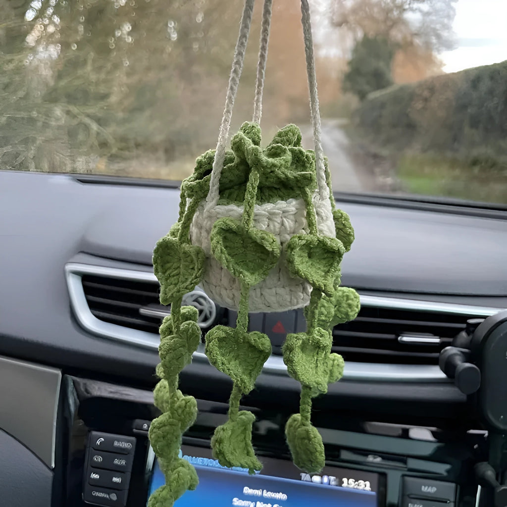 Green knitted wool car plant hanger with white rope, holding a small pot.