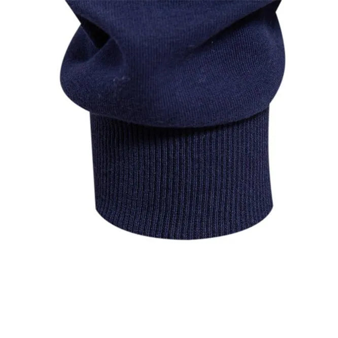 Men's long sleeve polo collar sweater in cotton polyester blend, shown in black with thread belt sleeve detail