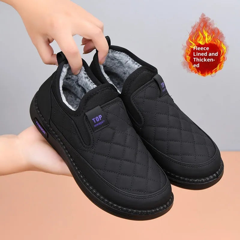 Warm waterproof casual women's shoes in black with flat heel and round toe, artificial PU upper