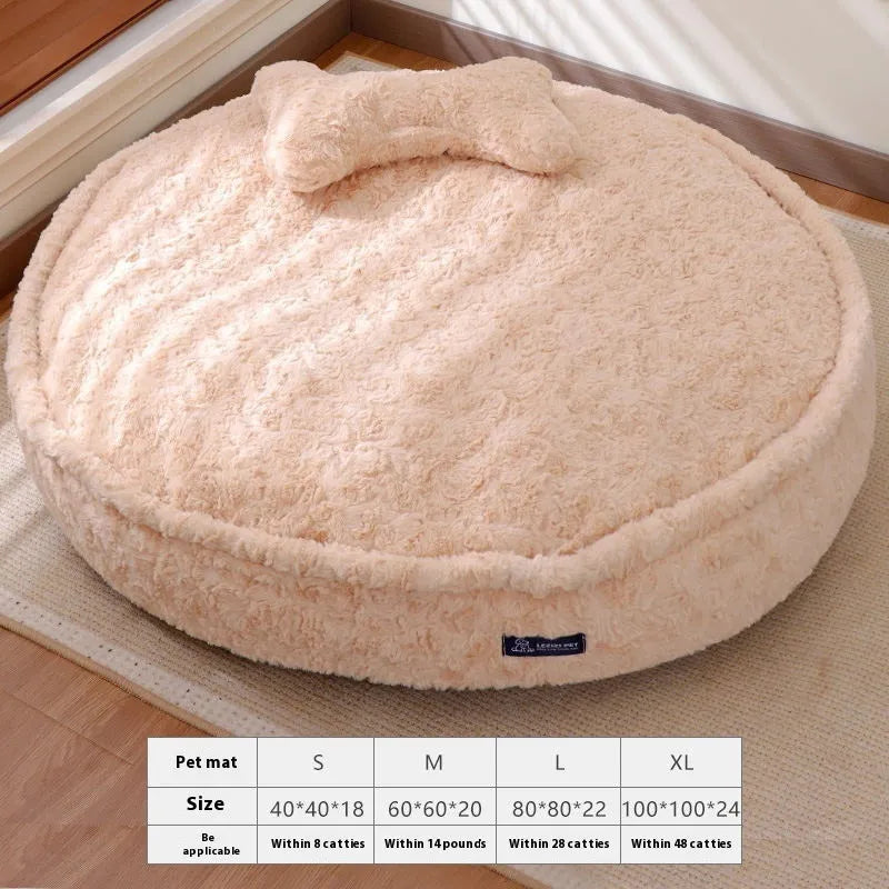 Milk tea coloured washable pet bed with round nest design shown in multiple sizes