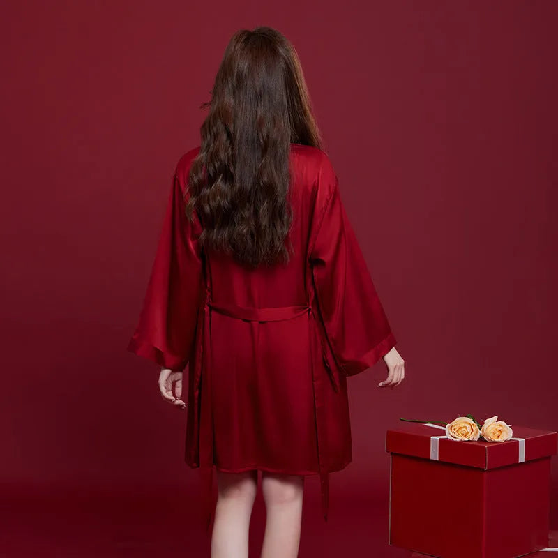 Red ice silk wedding sleepwear set for men and women with long sleeves and trousers