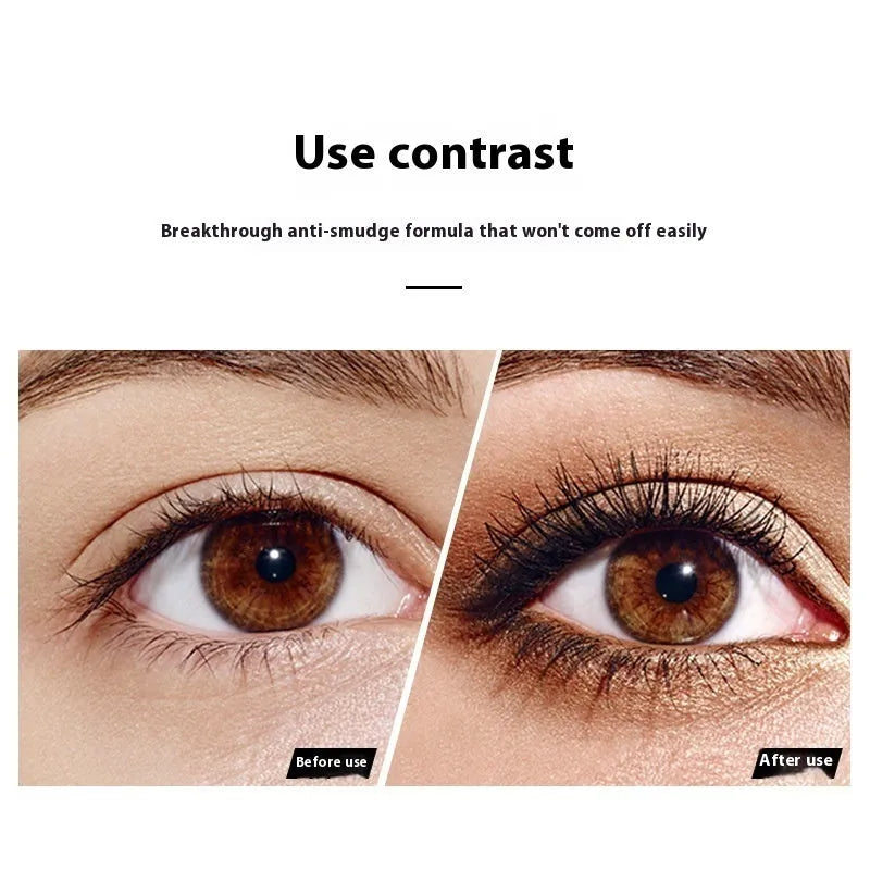 Black waterproof mascara creating 4D curl effect with long thick lashes in English packaging