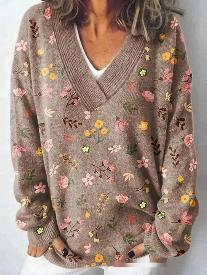 Women's V-neck sweatshirt with a printed 3D floral pattern in an art retro style.