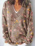 Women's V-neck sweatshirt with a printed 3D floral pattern in an art retro style.