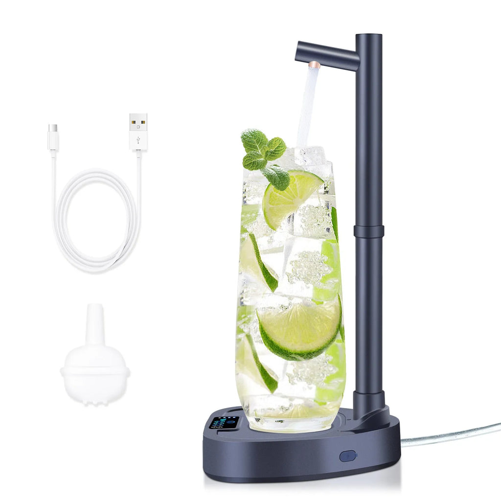 White and blue automatic desktop water dispenser pump with stand and extension pipe.