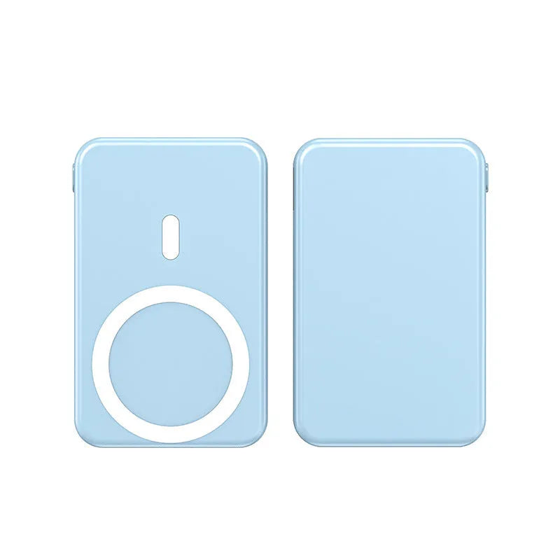 Small portable power bank with magnetic wireless charging for iPhone in black, blue or white colours