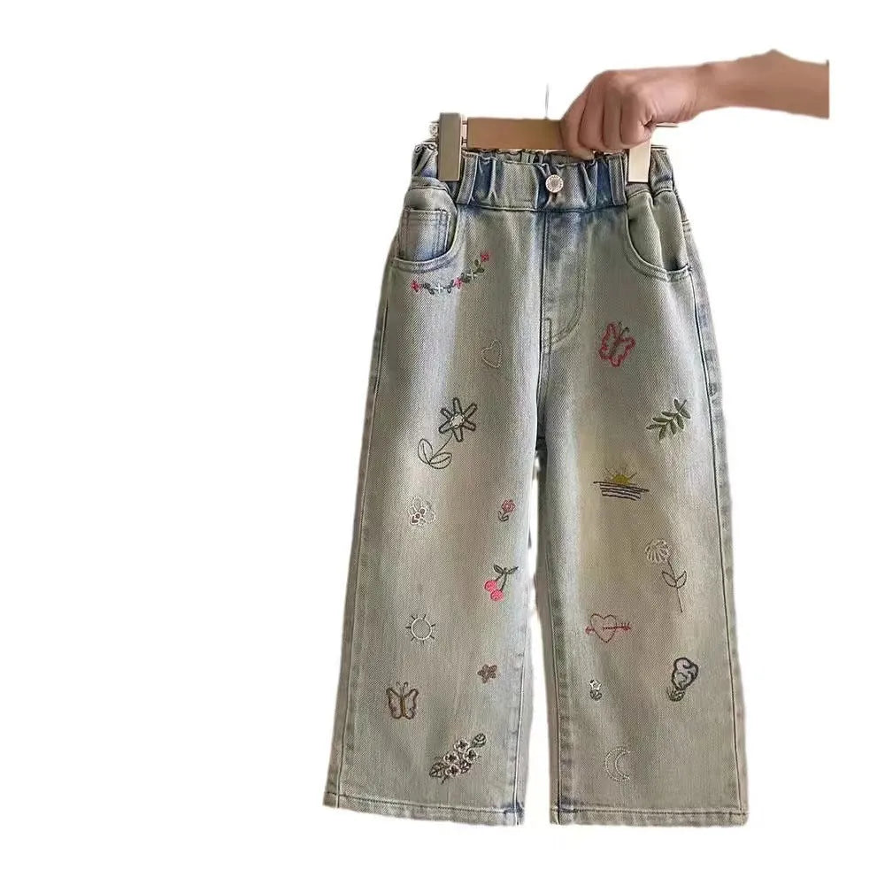 Girls fashion personalised embroidered straight jeans in cotton with cartoon pattern, picture colour, suitable for height 90cm to 140cm