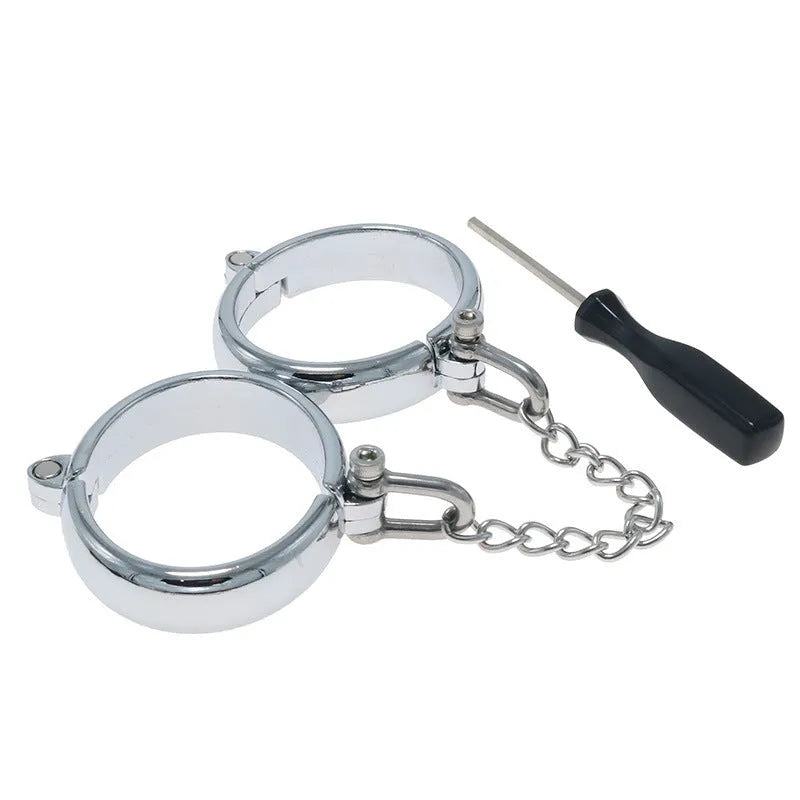 Silver zinc alloy handcuffs and footcuffs set with stainless steel bracelet attachments