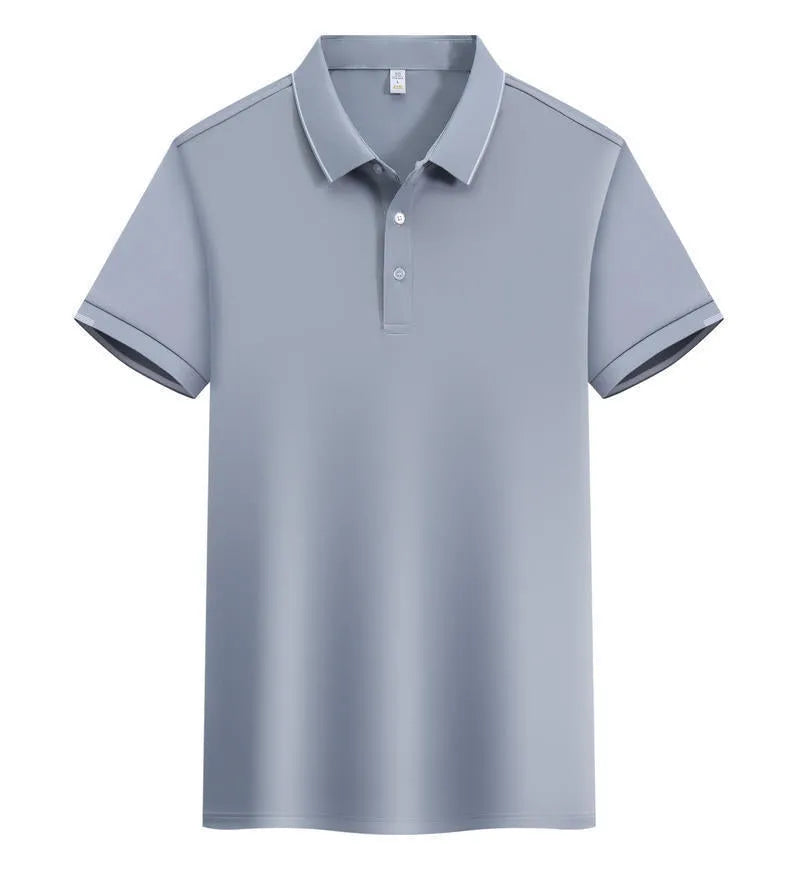 Men's loose fit cotton blend short sleeve polo shirt with a secondary collar lapel.