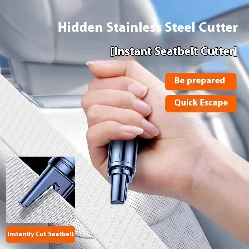 Black and red ABS plastic car safety life hammer with window breaker tip and seatbelt cutter.