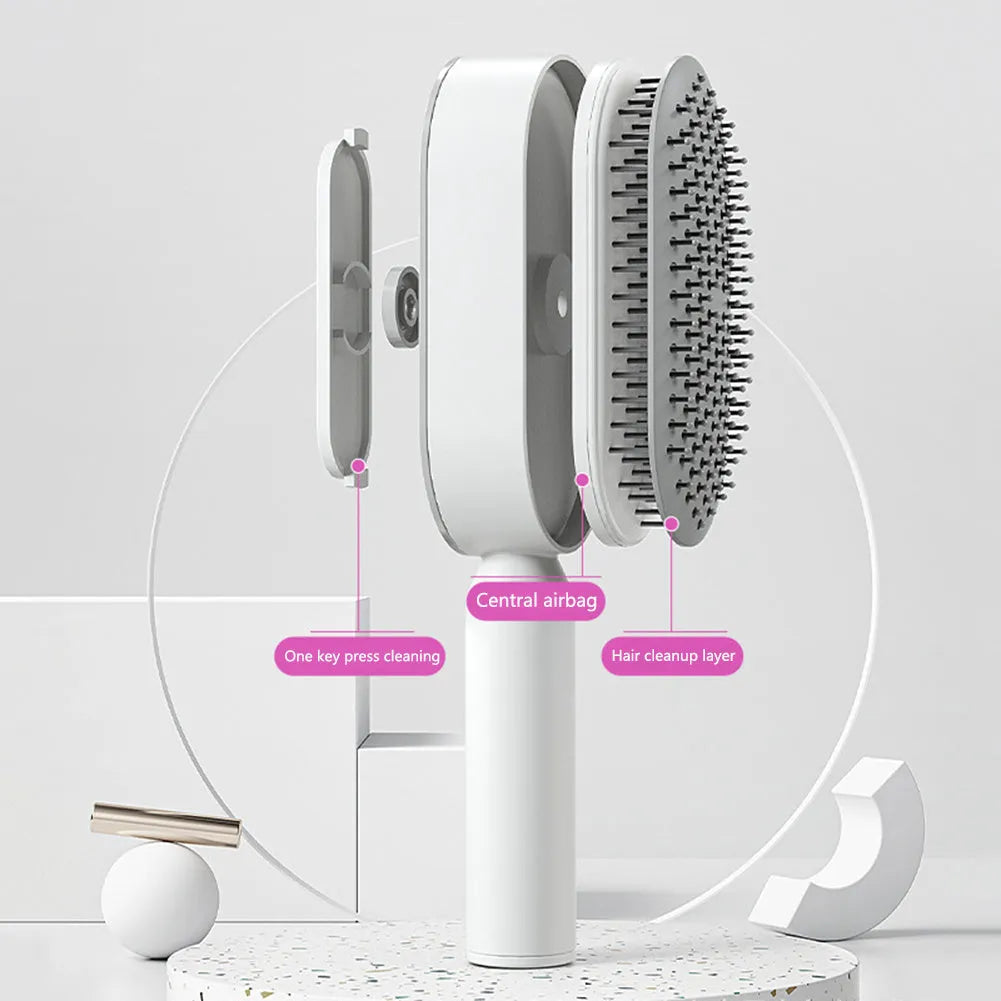 Self-cleaning hair brush with air cushion bristles in black gold, white, or purple colours