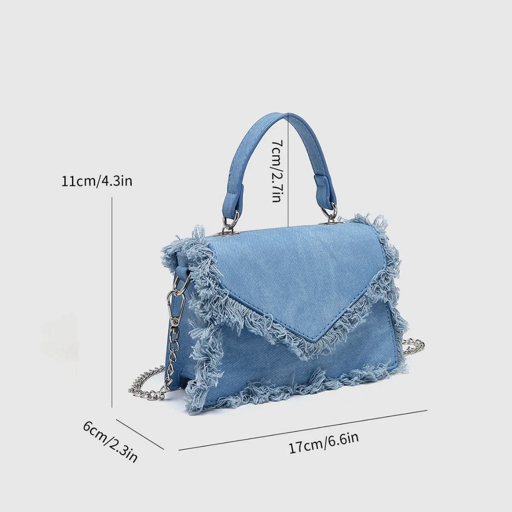 Retro tassel mini crossbody bag in denim blue, PU material, crossbody strap, compact size for women's daily use