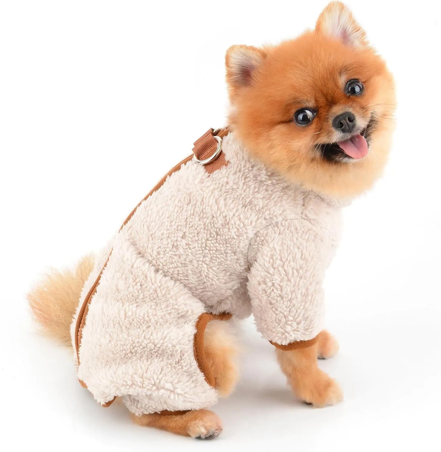 Green plush fleece dog jumpsuit coat with a back zipper on a small dog