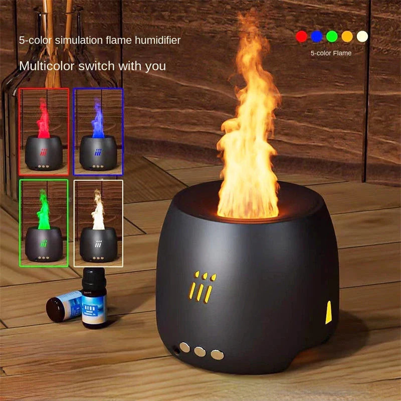 Ultrasonic essential oil diffuser with flame-inspired LED lights, providing relaxing aromatherapy and soothing ambiance for home decor