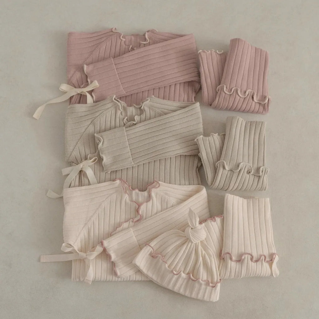 Cotton sunken stripe fungus long sleeve gown and trousers pyjama suit for unisex sleepwear