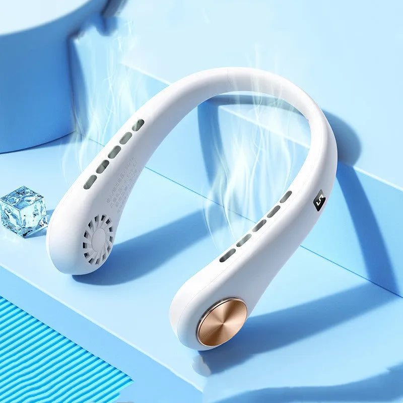 White bladeless mini neck fan hanging around a person's neck, showing its snake-shaped minimalist design.