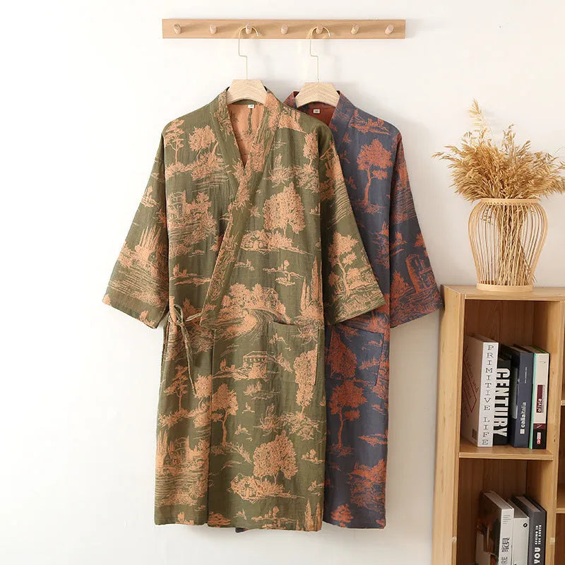 Men's dark blue cotton gauze kimono long dress bathrobe lying flat showing full length