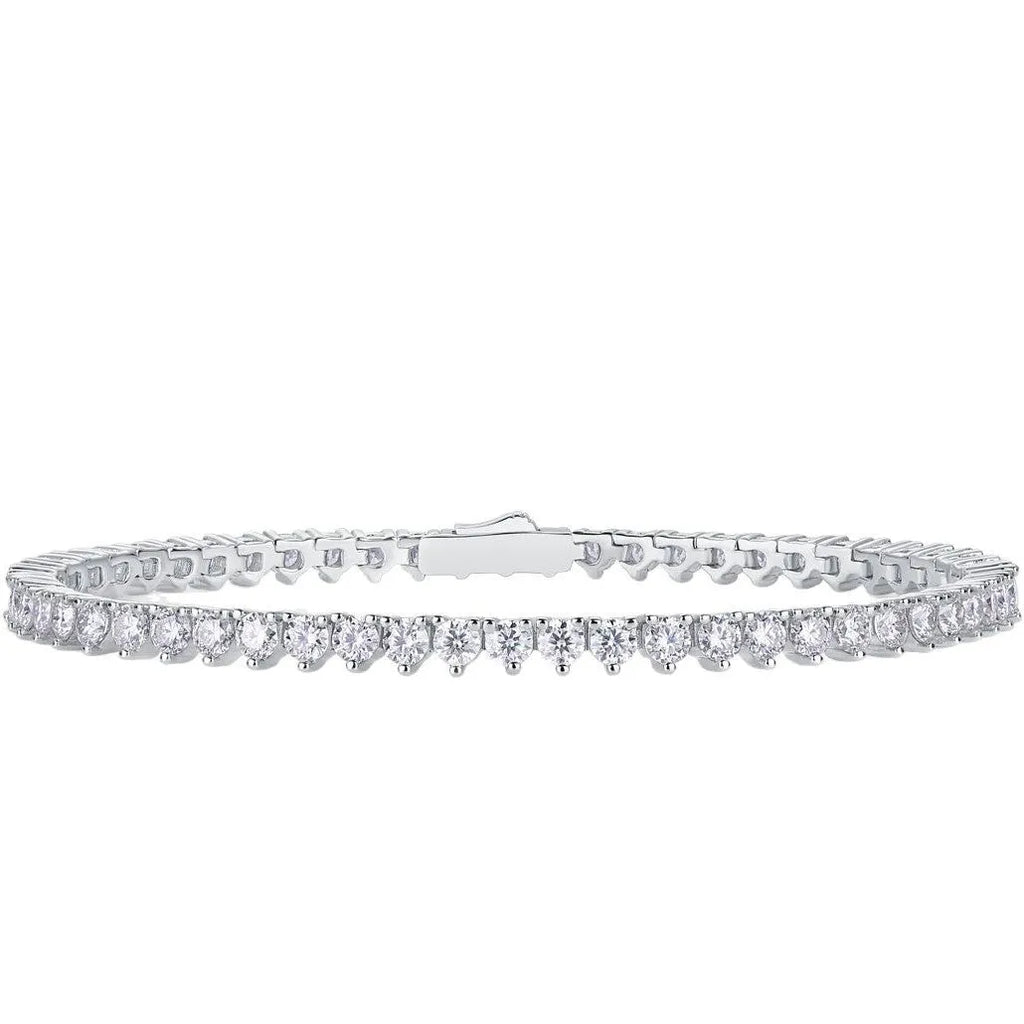 Silver platinum-plated moissanite bracelet with round-cut stones on a white background
