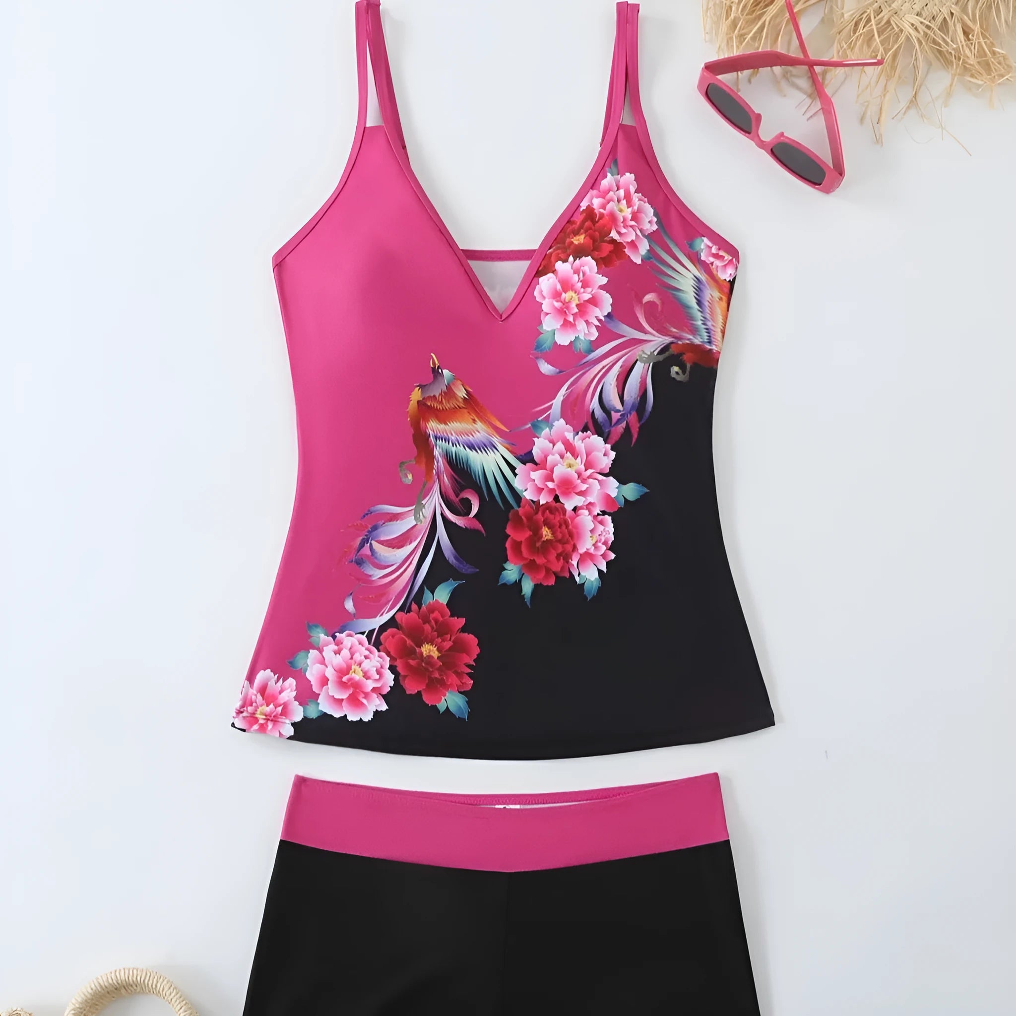 Women's plus size swimsuit set in black or rose red with briefs style and cotton lining