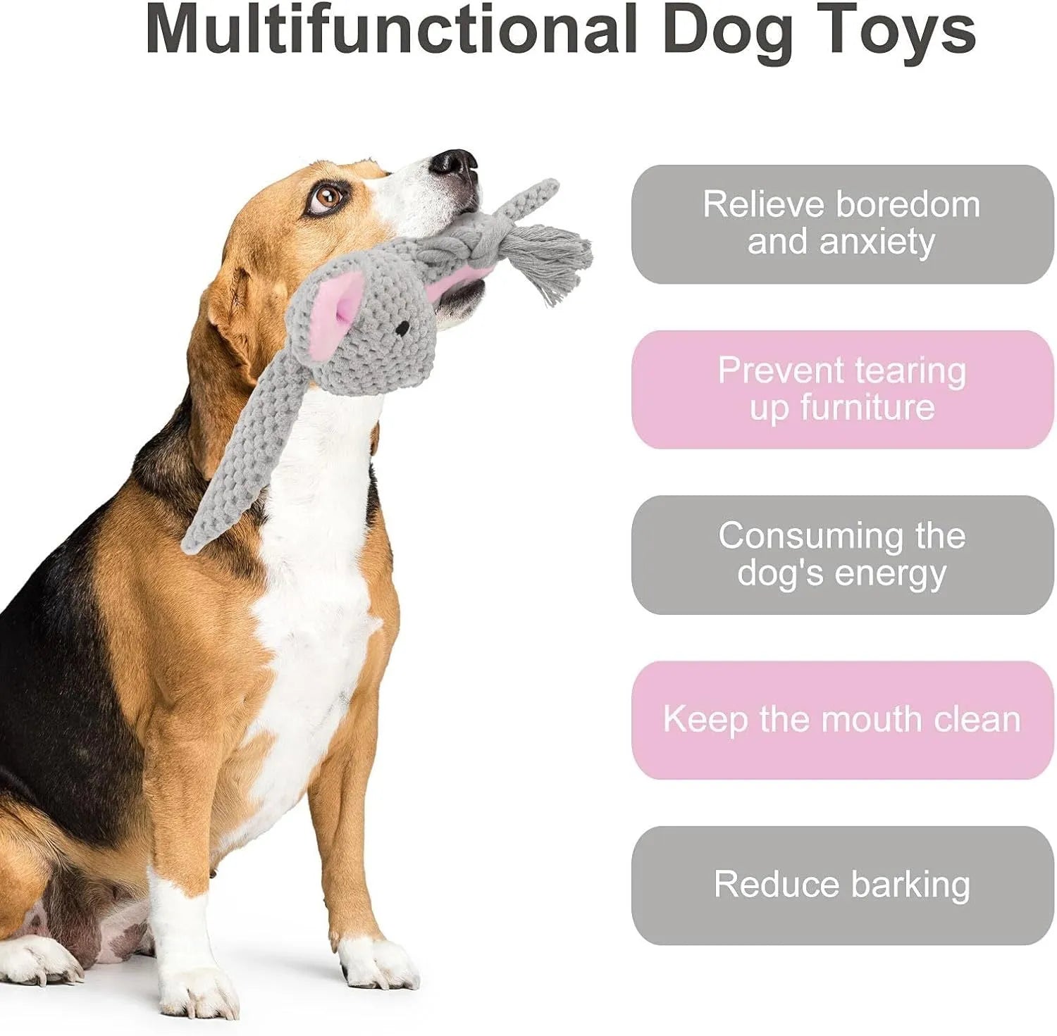 Plush animal dog toy with crinkle paper, squeaker, and cotton rope handles for small dogs.