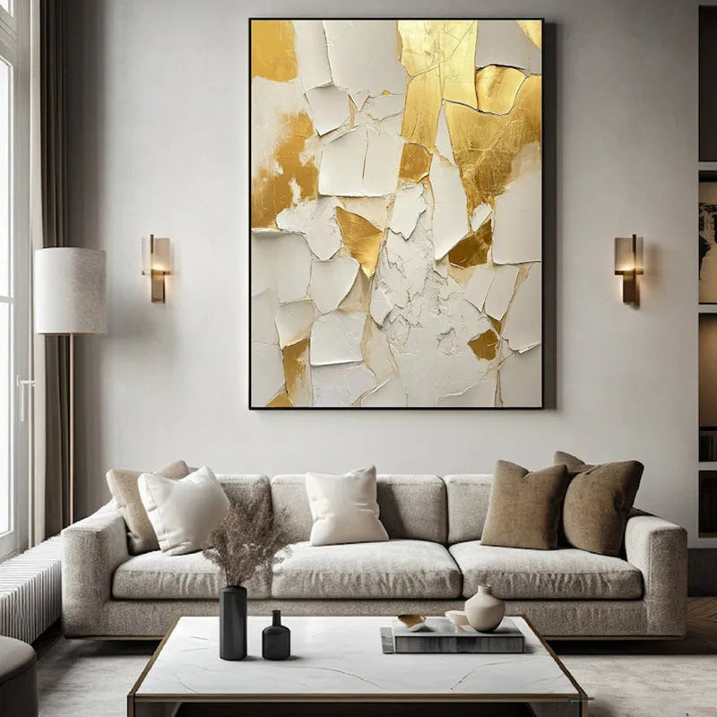 Golden and white textured handmade abstract oil painting on canvas, unframed, vertical orientation