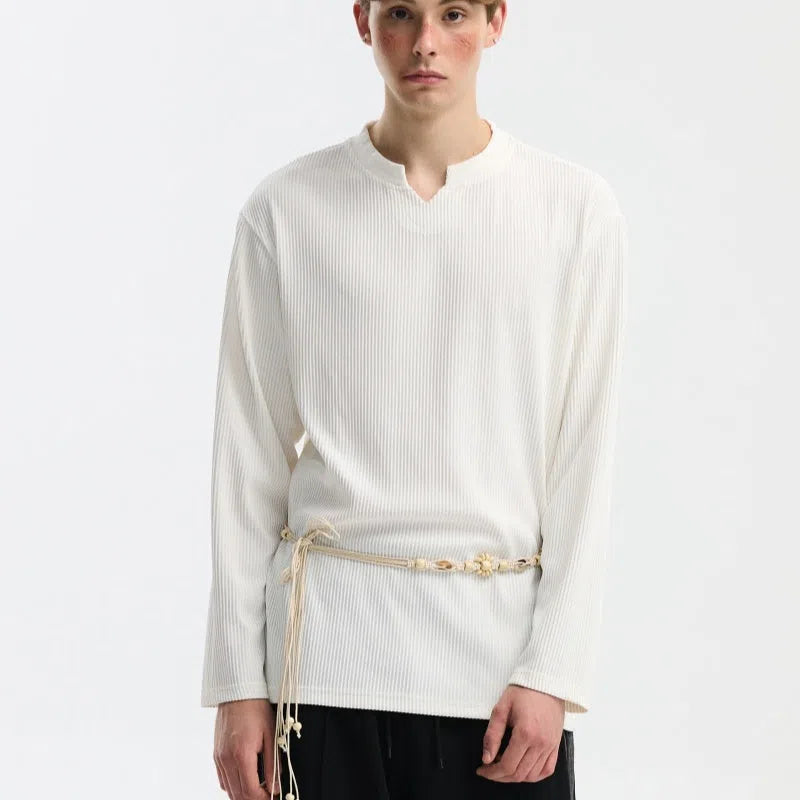 V-neck long-sleeve polyester loose fit casual base shirt for men in black