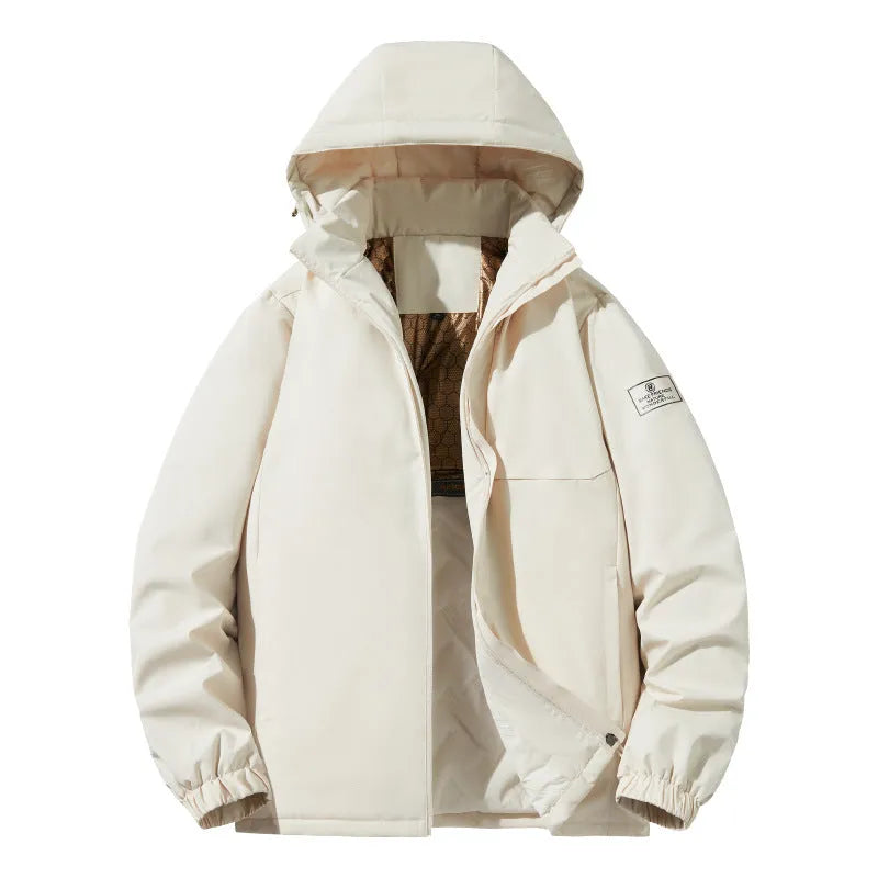 Outdoor waterproof jacket in camel colour with temperature sensing technology for autumn and winter wear
