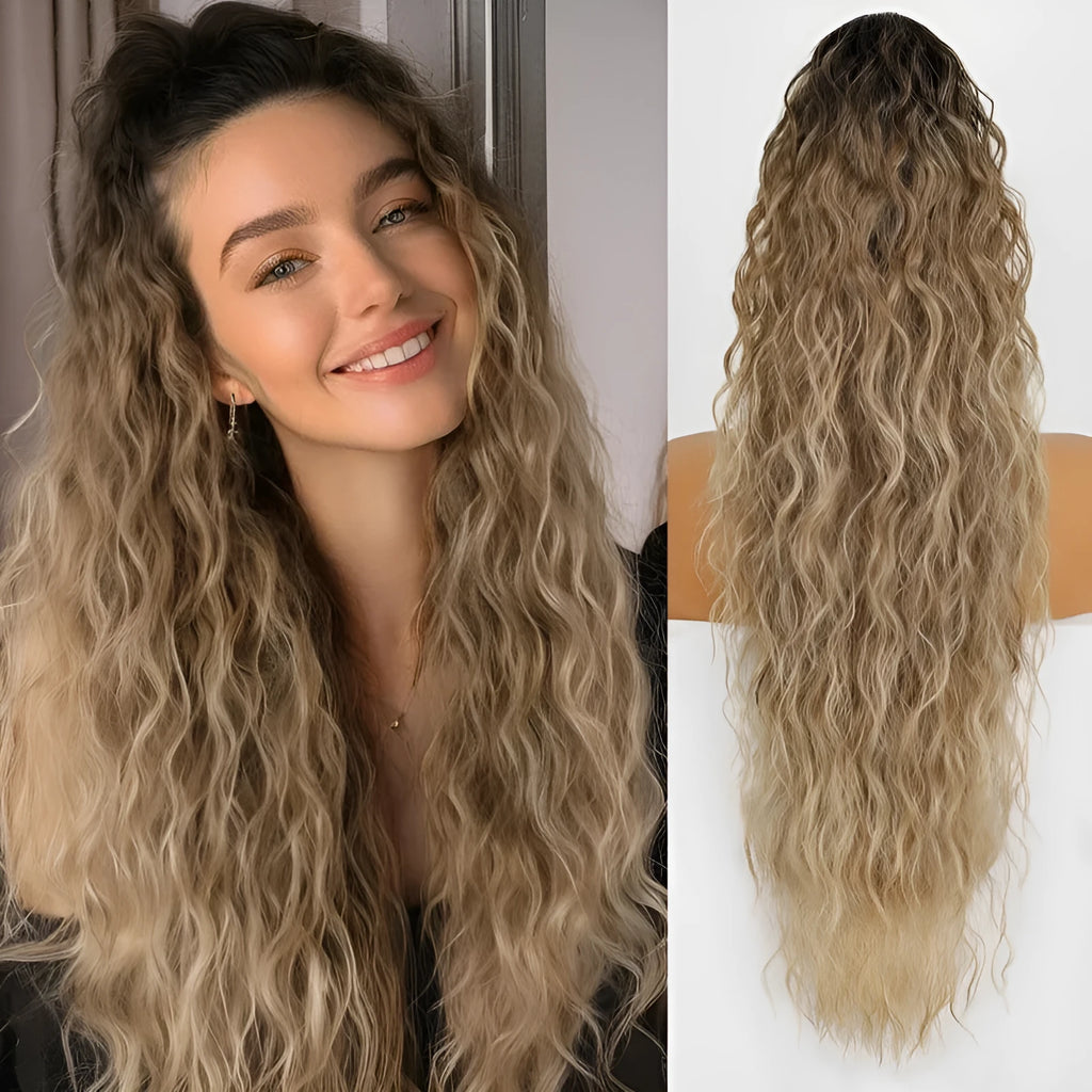 Long curly ponytail wig with grip band in synthetic high-temperature fibre