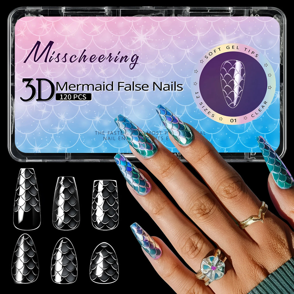 3D scale long shaping nail tips in multiple colour sets for professional nail extensions