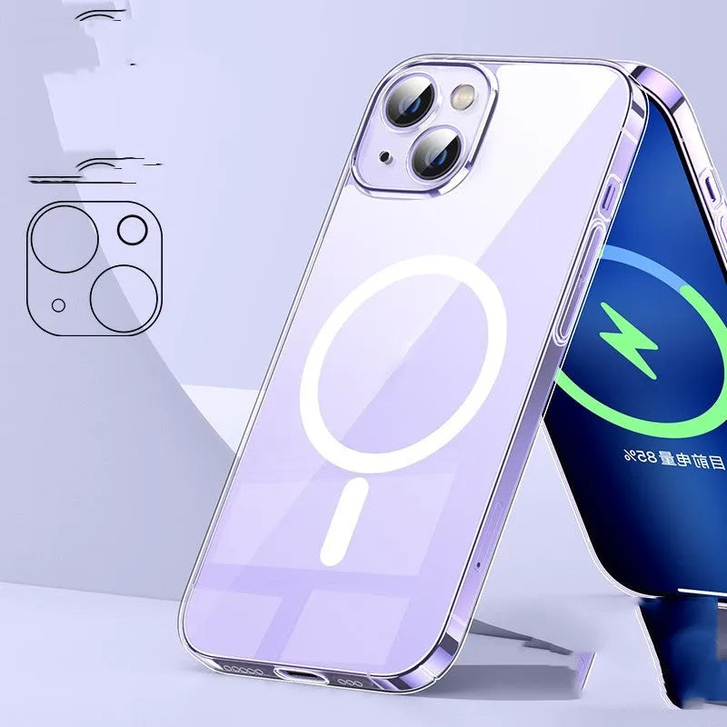 Transparent all-inclusive phone case for iPhone 14 series with strong magnetic attraction and anti-yellow material