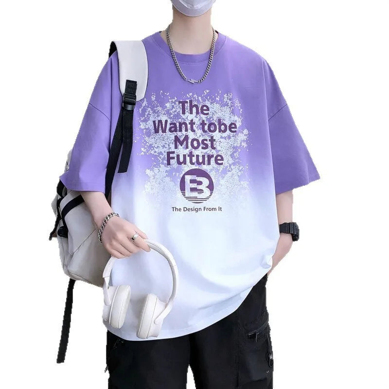 Boys youth printed t-shirt with text design in dark blue, cotton-polyester fabric, drop-shoulder sleeves