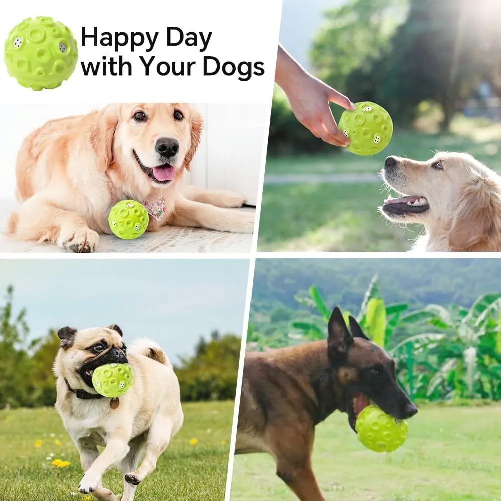 Durable interactive dog toy ball with meteorite bumps and magical squeaky sound in multiple colours