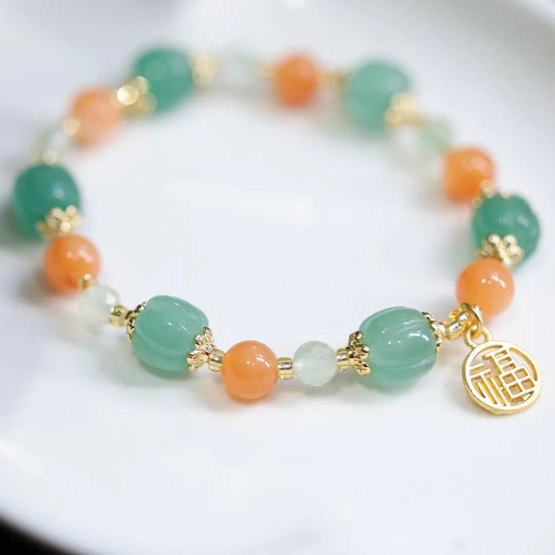 Chinese style Duobao pumpkin bracelet in Jinsi Jade with prehnite bead for women's 14-16.5cm wrist