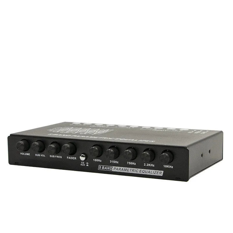 Black car audio EQ frequency division amplifier with control panel for subwoofer adjustment