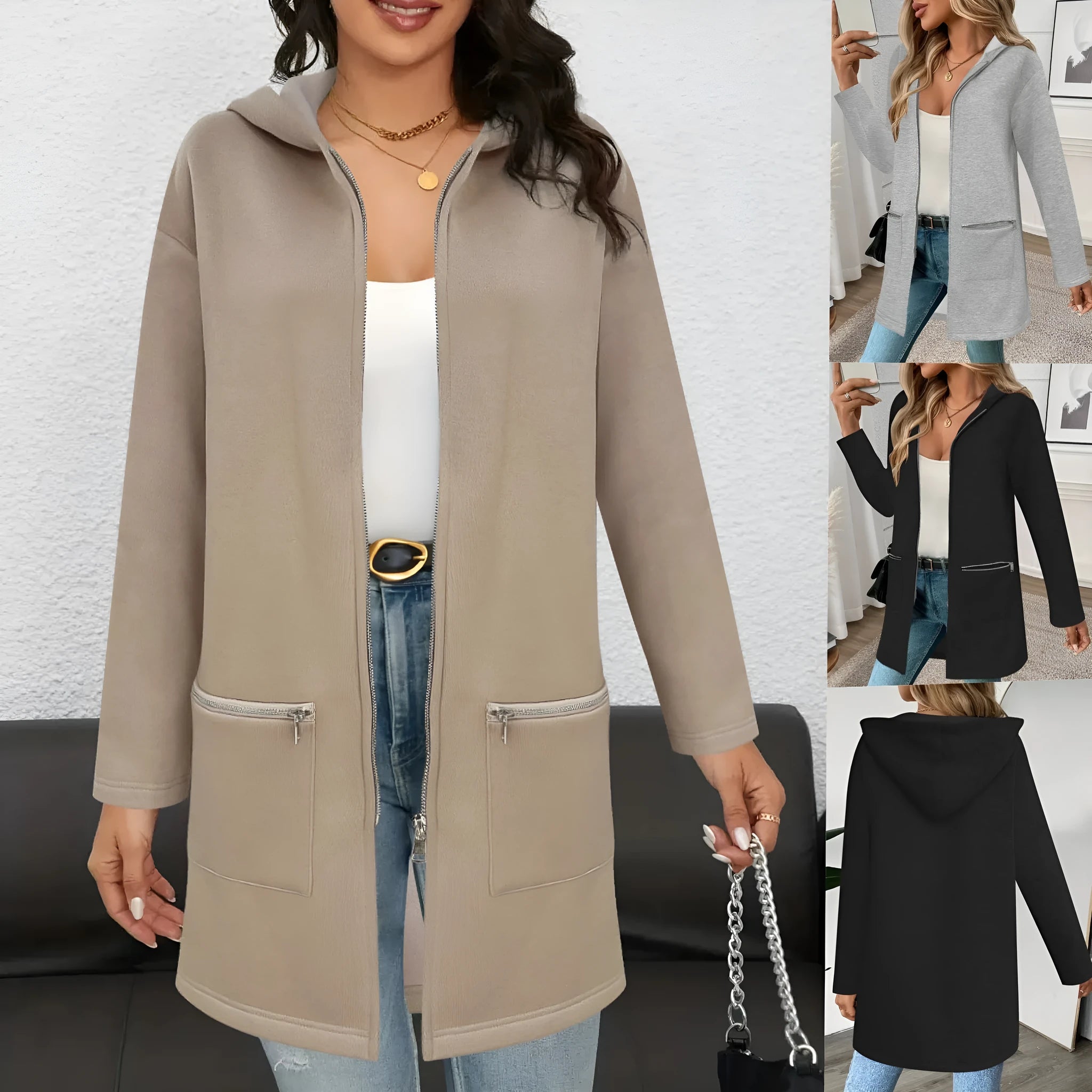 A woman wearing a loose grey mid-length cardigan coat with pockets, casual style.