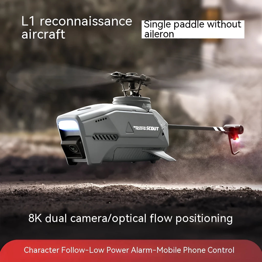L1 single paddle four-channel helicopter drone with 8K dual camera and optical flow follow system for aerial photography