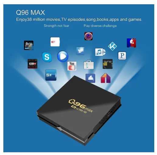 Q96 MAX Android TV box set-top box with remote control, HDMI cable, and power supply