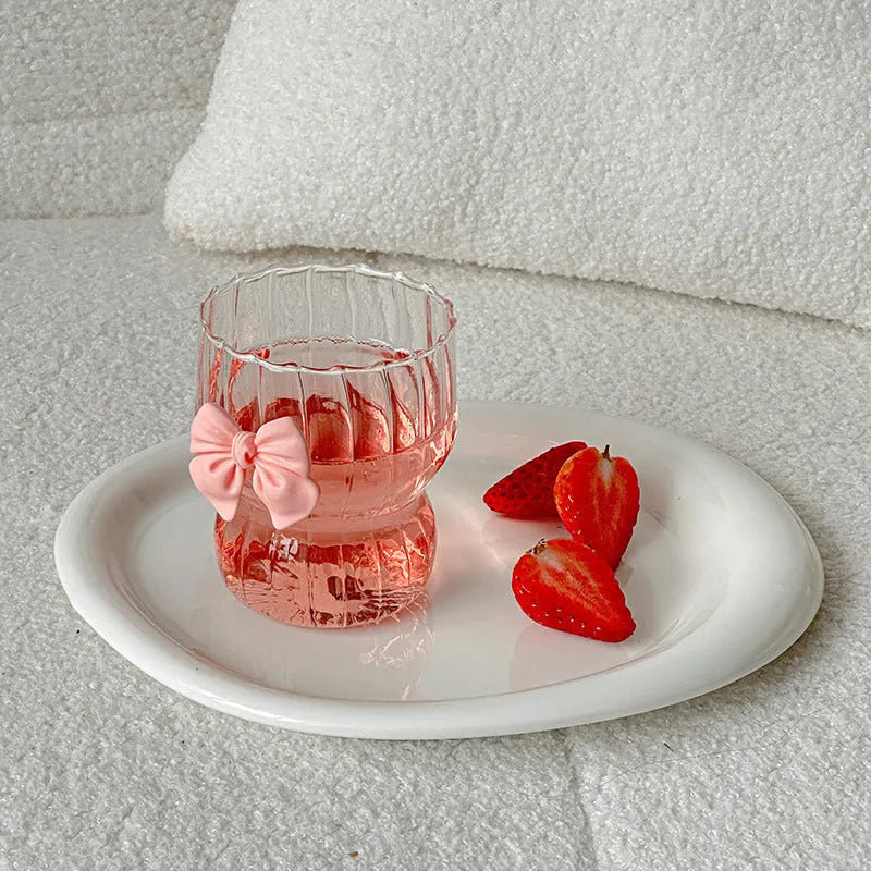 Pink bow borosilicate glass coffee cup 350ml heat resistant home use