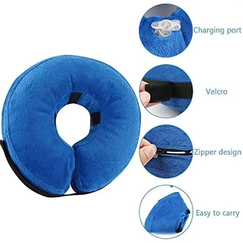 Blue inflatable dog recovery collar shown on a pet, with size chart for XS, S, M, L, XL.