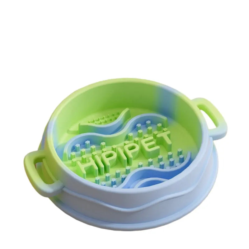 Colourful silicone slow food bowl with double-ear handles and maze interior for dogs and cats