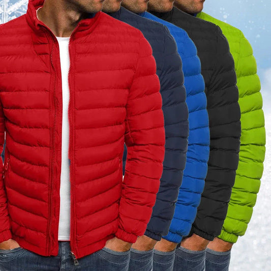 Insulated men's jacket in various color options with features like zippered pockets, long sleeves, and padded lining for warmth and versatility