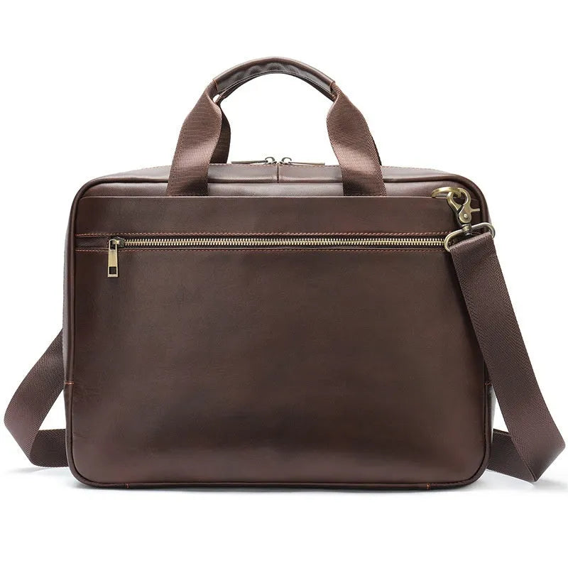 Genuine leather large capacity horizontal briefcase in black for men, first layer cowhide with sewing line detailing